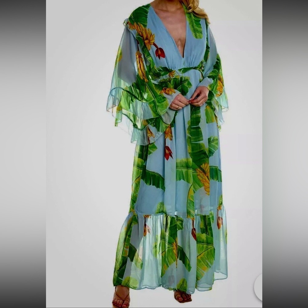 FARM Rio Fresh Bananas Maxi Dress with Green Tropical Leaf Print - Picture 1 of 9